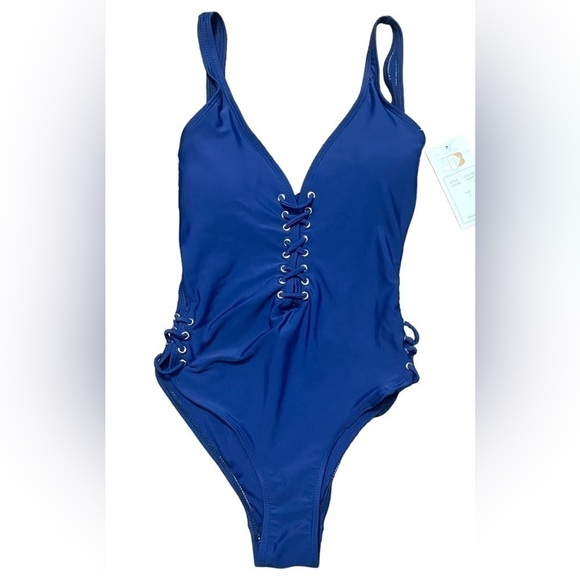 NWT TiniBikini Swimwear Blue Deep V Lace Up One Piece Swimsuit Size Small Sexy! - Picture 2 of 16